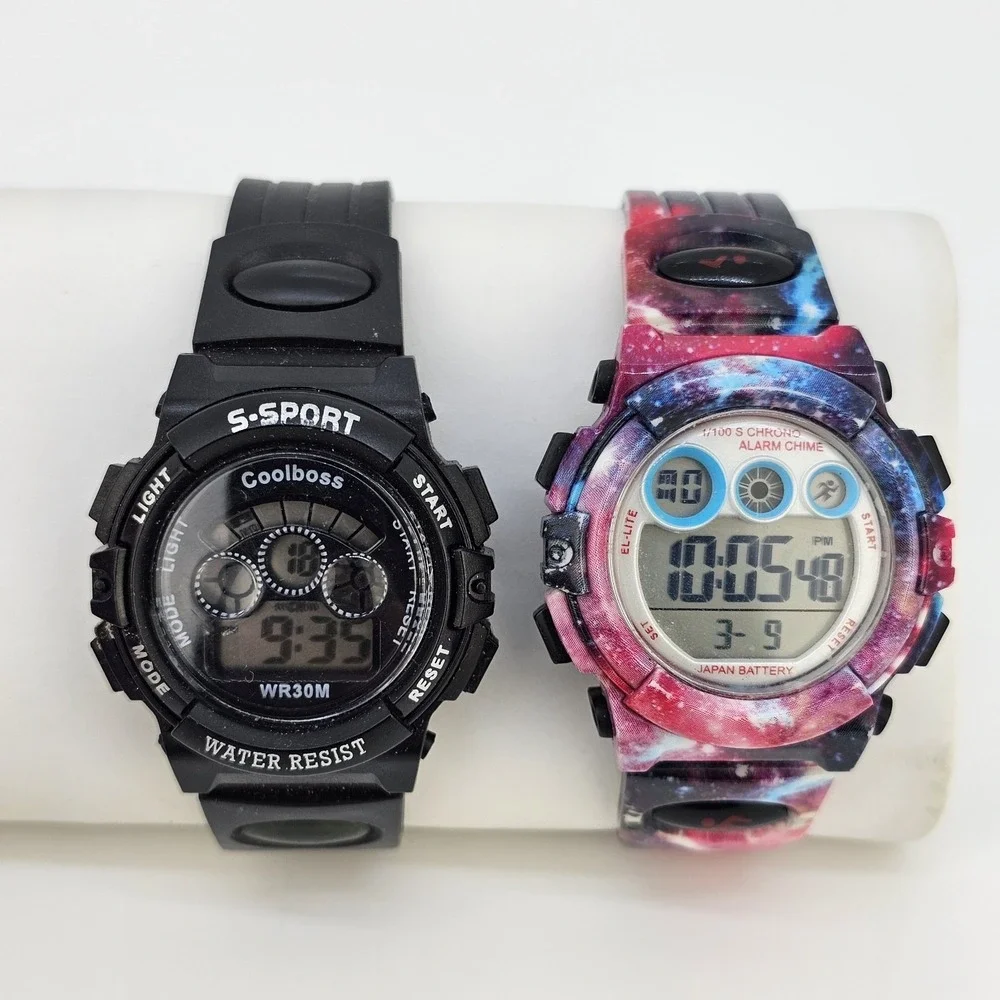 2X Digital Sports Girls Watches 37MM Black Multicolor Case Plastic Bands WORKING